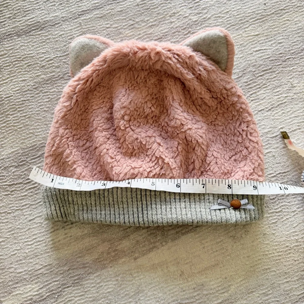 Kids Pink Plush Cat Ear Beanie Hat with Gray Trim, Size 4-6